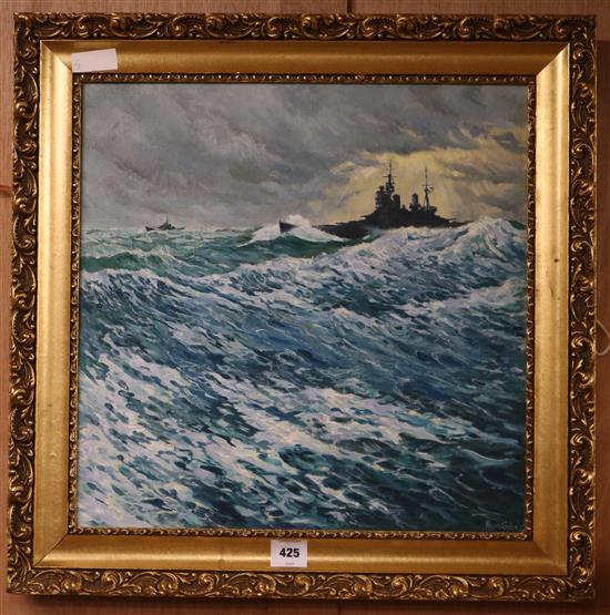 Francis Guise, oil on canvas, warship at sea, signed, 20 x 20in.